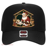 Christmas Design Kneeling Santa Claus With Baby Jesus High Crown Mesh Back Trucker Hat