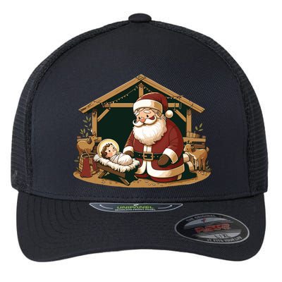 Christmas Design Kneeling Santa Claus With Baby Jesus Flexfit Unipanel Trucker Cap