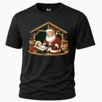 Christmas Design Kneeling Santa Claus With Baby Jesus Cooling Performance Crew T-Shirt