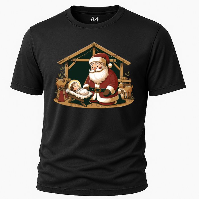 Christmas Design Kneeling Santa Claus With Baby Jesus Cooling Performance Crew T-Shirt