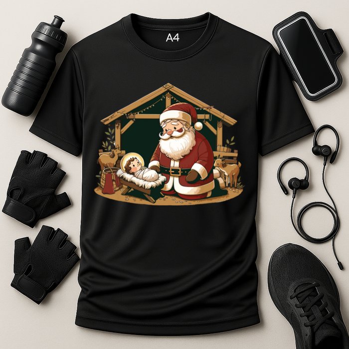 Christmas Design Kneeling Santa Claus With Baby Jesus Cooling Performance Crew T-Shirt