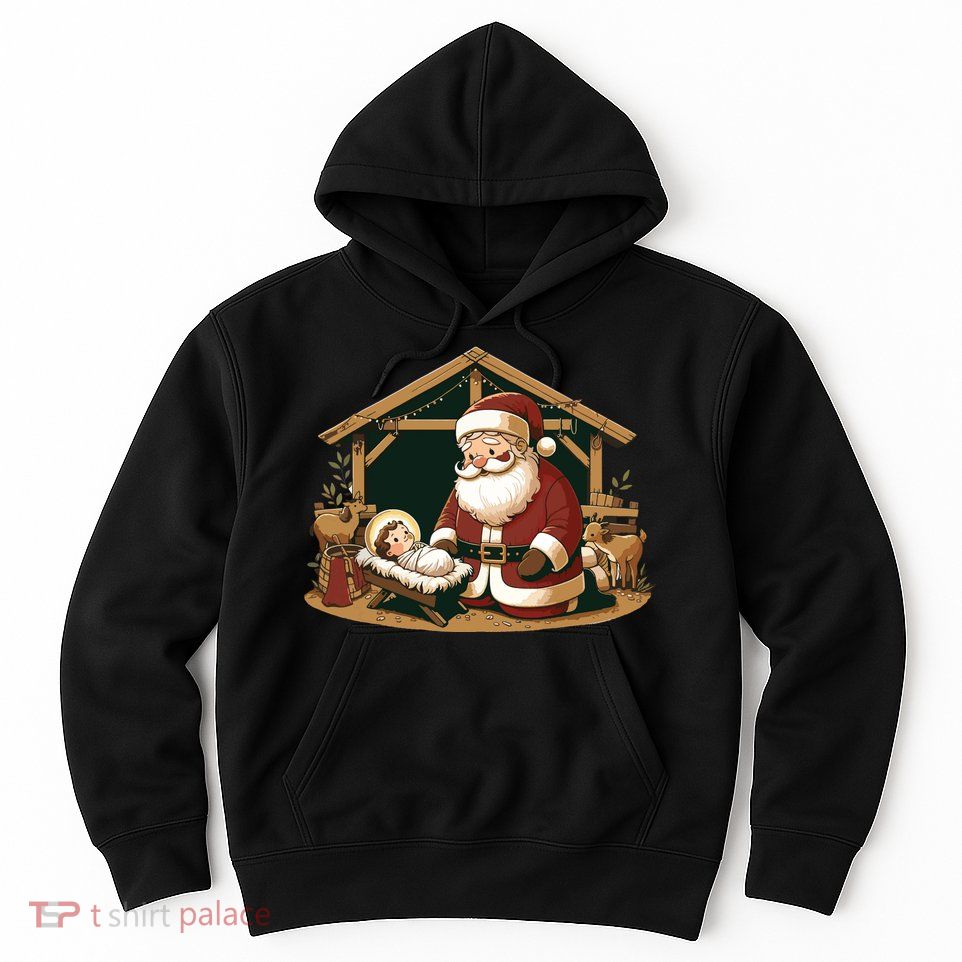 Christmas Design Kneeling Santa Claus With Baby Jesus Hoodie
