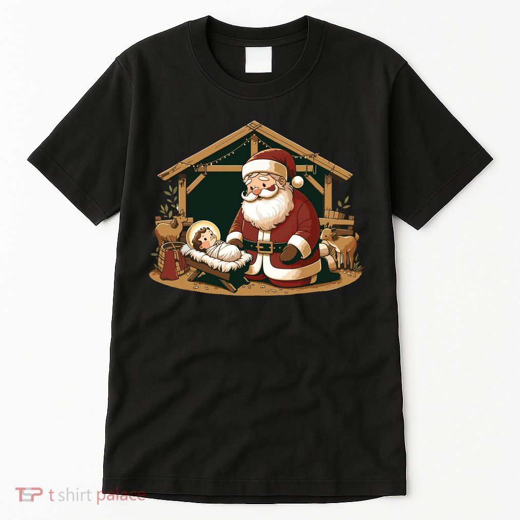 Christmas Design Kneeling Santa Claus With Baby Jesus Tall T-Shirt
