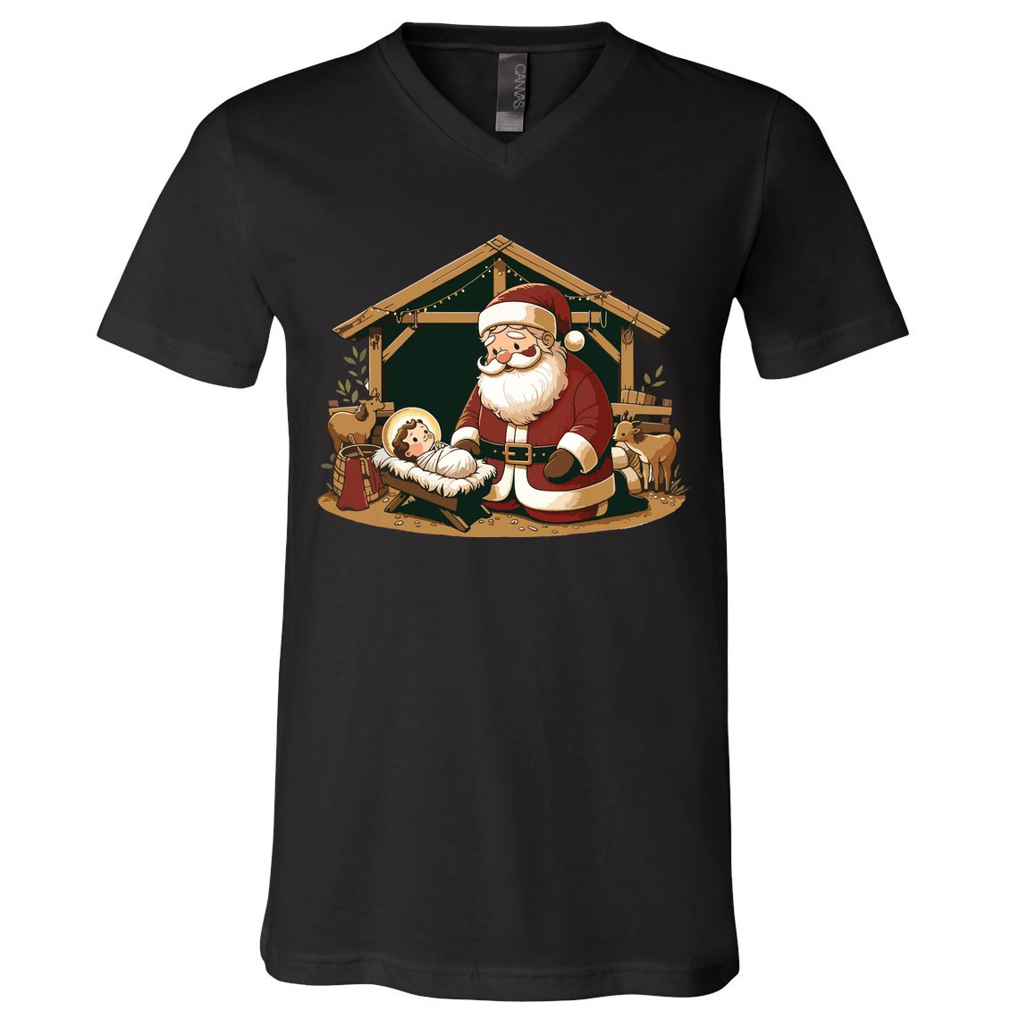 Christmas Design Kneeling Santa Claus With Baby Jesus V-Neck T-Shirt