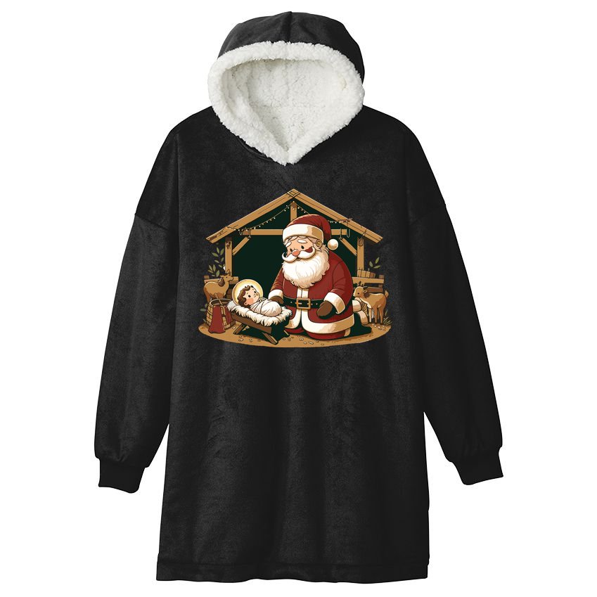 Christmas Design Kneeling Santa Claus With Baby Jesus Hooded Wearable Blanket