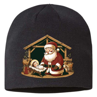 Christmas Design Kneeling Santa Claus With Baby Jesus Sustainable Beanie