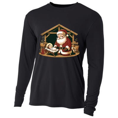 Christmas Design Kneeling Santa Claus With Baby Jesus Cooling Performance Long Sleeve Crew
