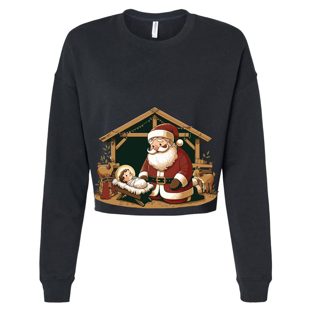 Christmas Design Kneeling Santa Claus With Baby Jesus Women's Crop Top Tee