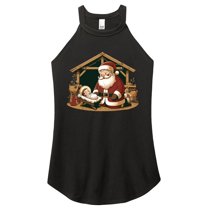 Christmas Design Kneeling Santa Claus With Baby Jesus Women's Perfect Tri Rocker Tank