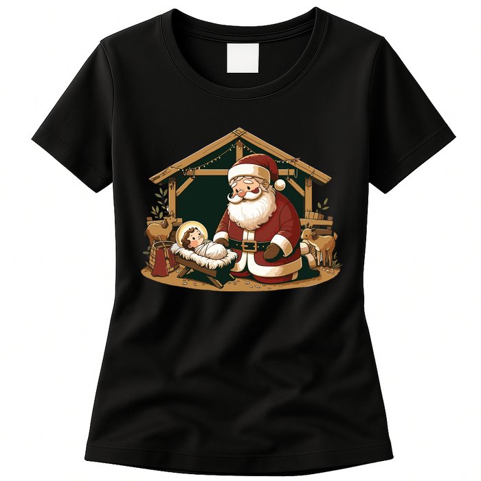 Christmas Design Kneeling Santa Claus With Baby Jesus Womens T-Shirt
