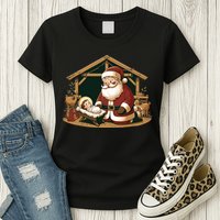 Christmas Design Kneeling Santa Claus With Baby Jesus Womens T-Shirt