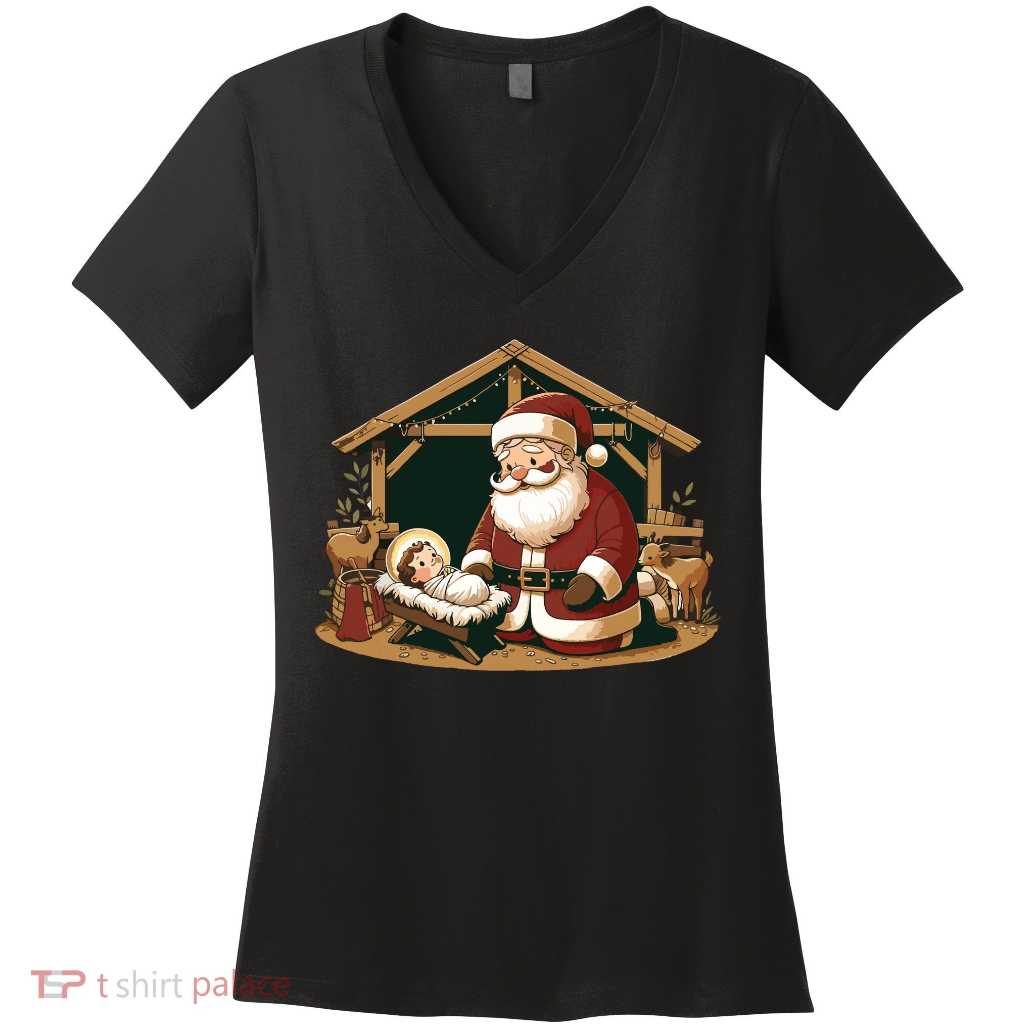 Christmas Design Kneeling Santa Claus With Baby Jesus Women's V-Neck T-Shirt