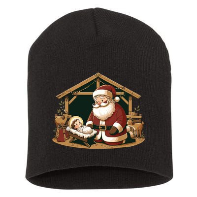 Christmas Design Kneeling Santa Claus With Baby Jesus Short Acrylic Beanie