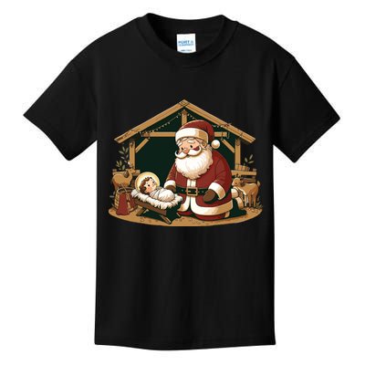 Christmas Design Kneeling Santa Claus With Baby Jesus Kids T-Shirt