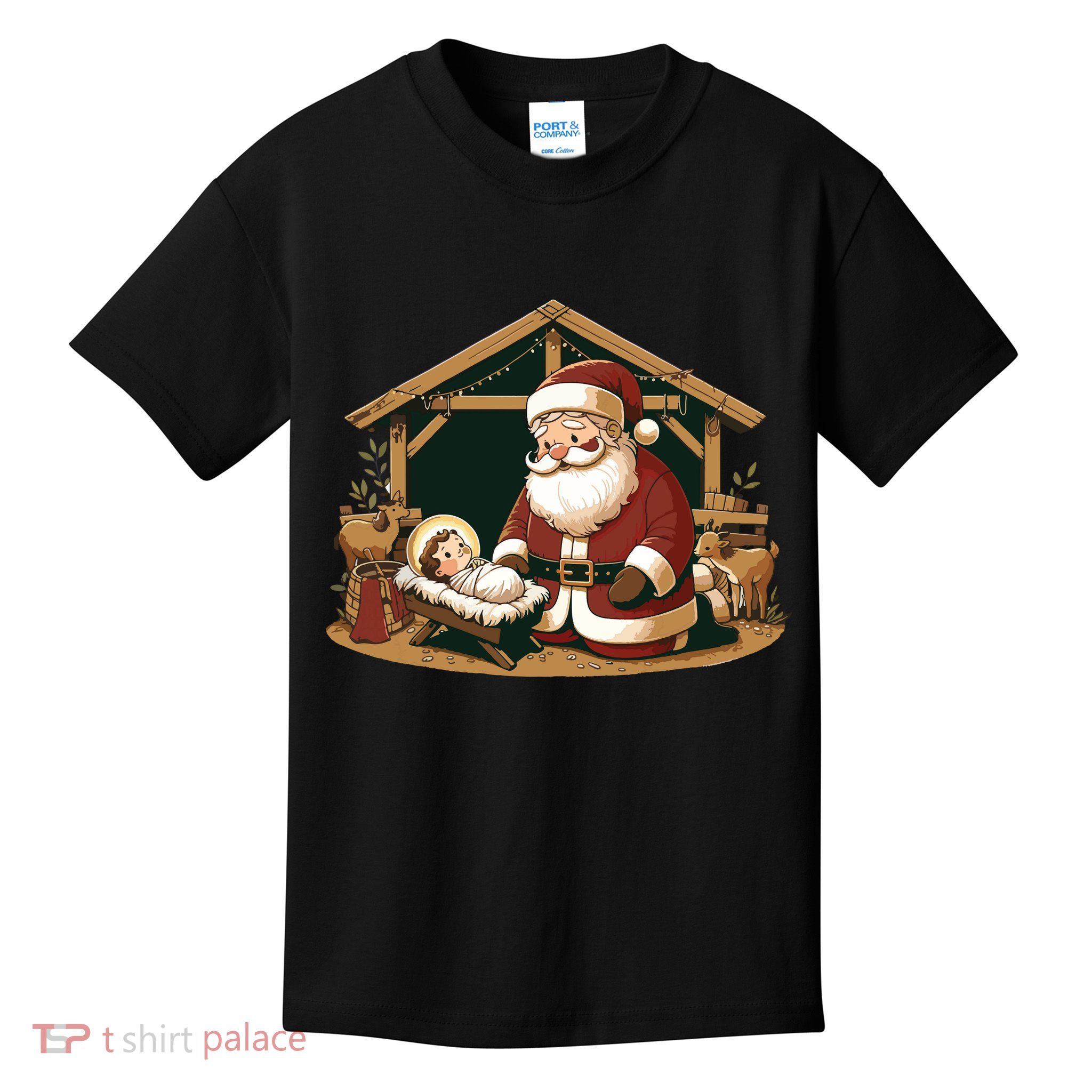 Christmas Design Kneeling Santa Claus With Baby Jesus Kids T-Shirt