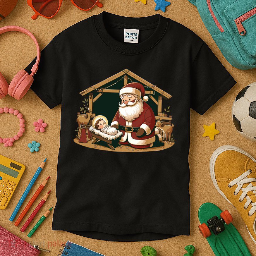 Christmas Design Kneeling Santa Claus With Baby Jesus Kids T-Shirt