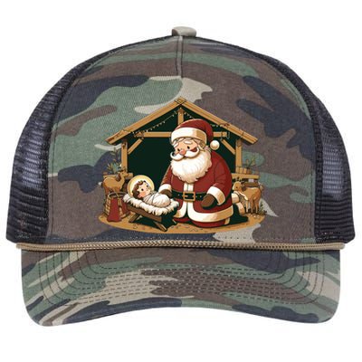 Christmas Design Kneeling Santa Claus With Baby Jesus Retro Rope Trucker Hat Cap