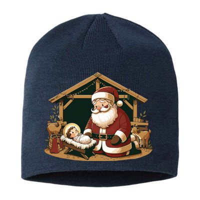 Christmas Design Kneeling Santa Claus With Baby Jesus Sustainable Beanie