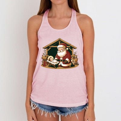 Christmas Design Kneeling Santa Claus With Baby Jesus Women's Knotted Racerback Tank