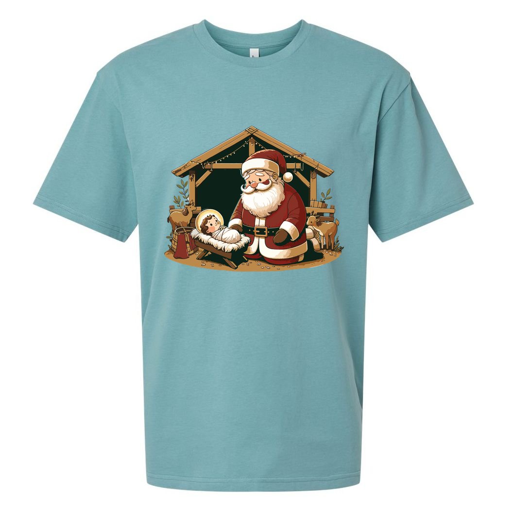 Christmas Design Kneeling Santa Claus With Baby Jesus Sueded Cloud Jersey T-Shirt