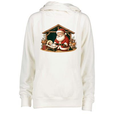 Christmas Design Kneeling Santa Claus With Jesus Cool Gift Womens Funnel Neck Pullover Hood