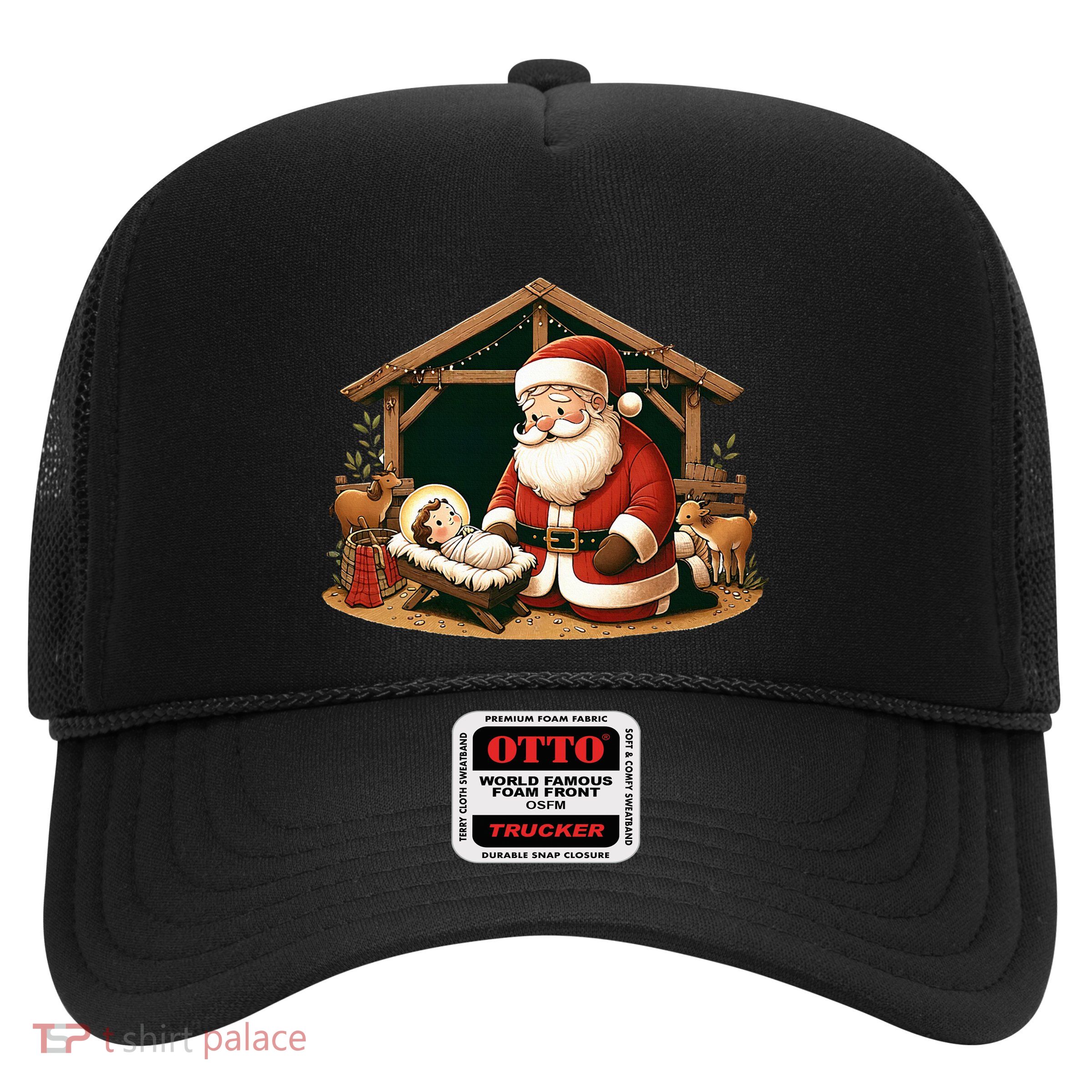 Christmas Design Kneeling Santa Claus With Baby Jesus  Trucker Hat