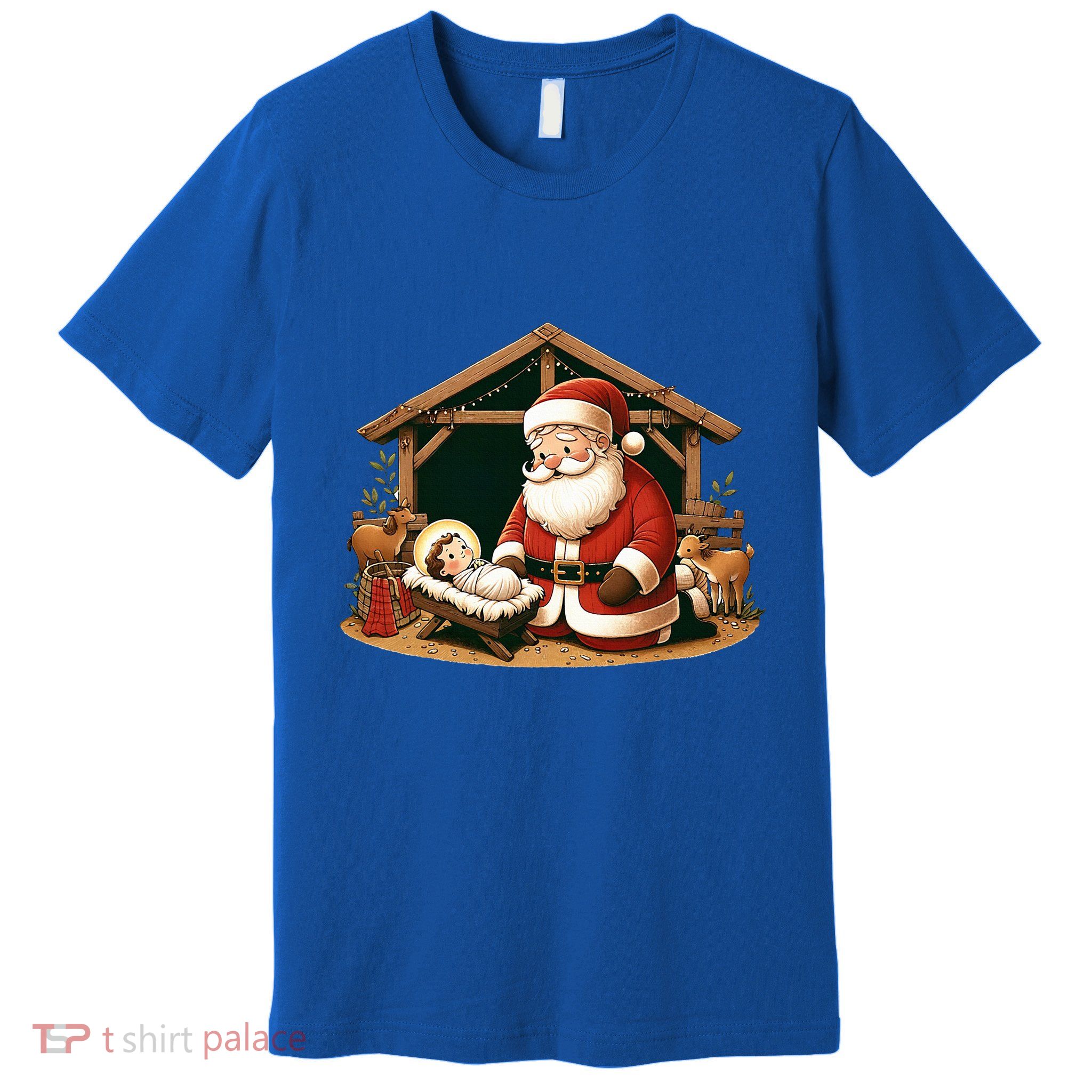 Christmas Design Kneeling Santa Claus With Baby Jesus  Premium T-Shirt