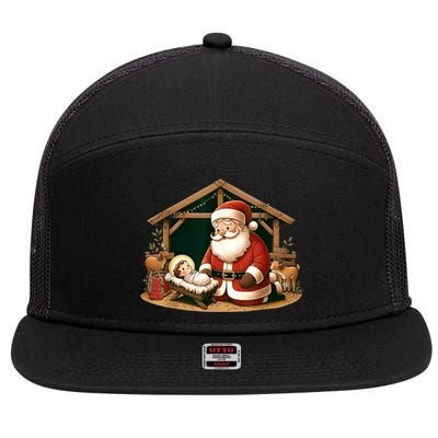 Christmas Design Kneeling Santa Claus With Baby Jesus 7 Panel Mesh Trucker Snapback Hat