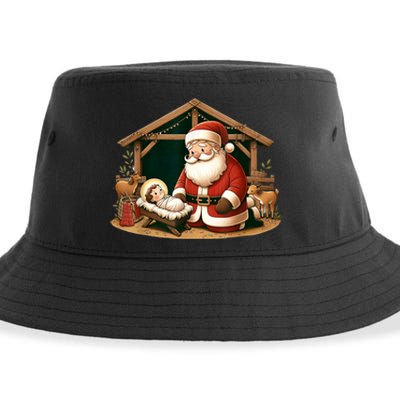 Christmas Design Kneeling Santa Claus With Baby Jesus Sustainable Bucket Hat