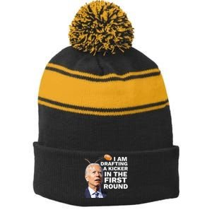 Confused Drafting Kicker Funny Fantasy Football Draft Party Stripe Pom Pom Beanie