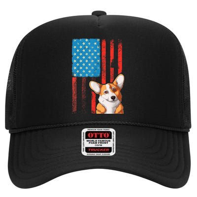 Corgi Dog Lover Patriotic 4th Of July High Crown Mesh Back Trucker Hat