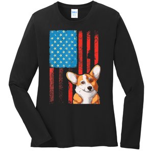 Corgi Dog Lover Patriotic 4th Of July Ladies Long Sleeve Shirt