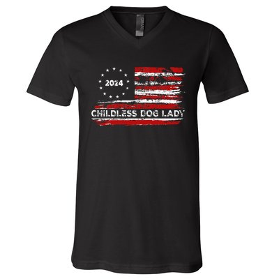 Childless Dog Lady Us Flag Vintage 2024 V-Neck T-Shirt