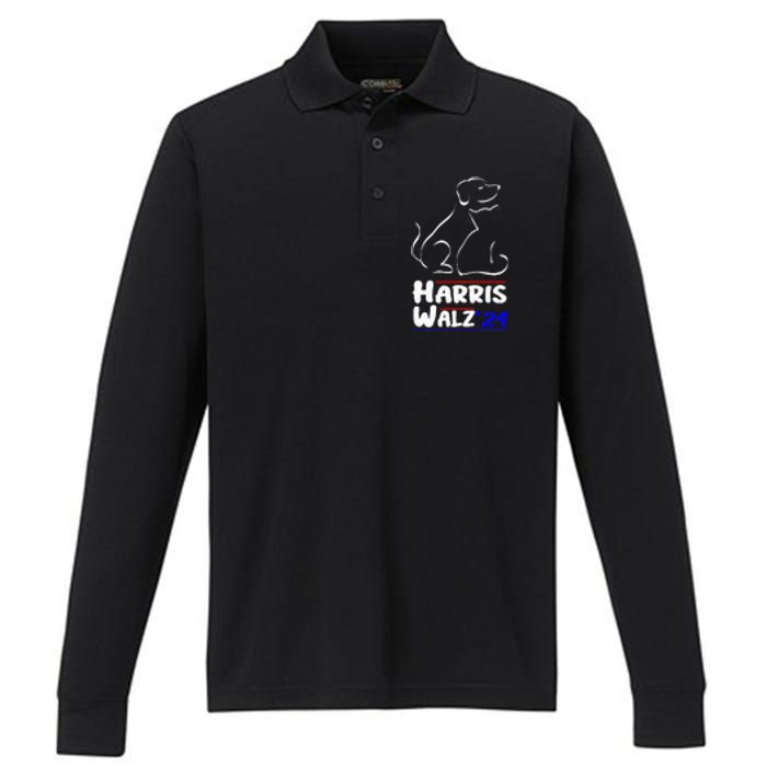 Cat Dog Ladies For Kamala 2024 President Kamala Harris Walz Performance Long Sleeve Polo