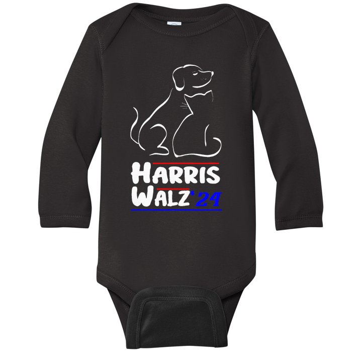 Cat Dog Ladies For Kamala 2024 President Kamala Harris Walz Baby Long Sleeve Bodysuit