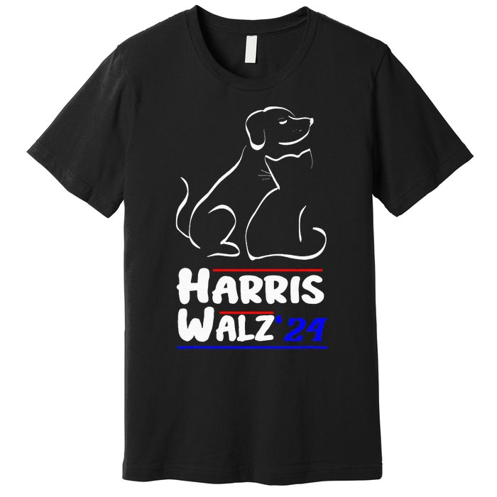 Cat Dog Ladies For Kamala 2024 President Kamala Harris Walz Premium T-Shirt