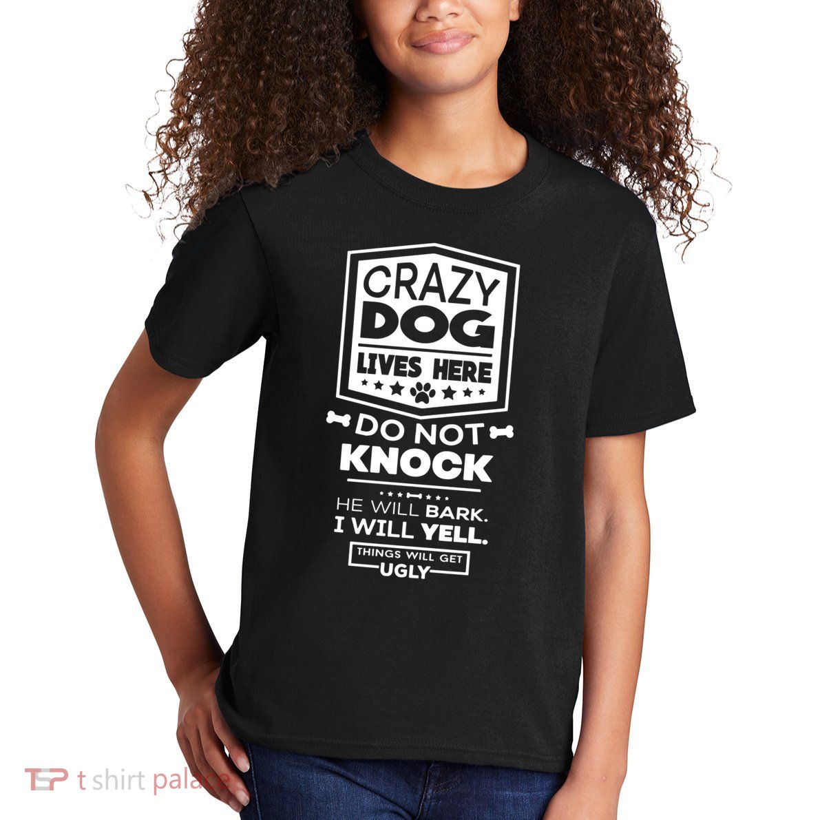 Crazy Dog Lives Here Do Not Knock Funny Kids T-Shirt