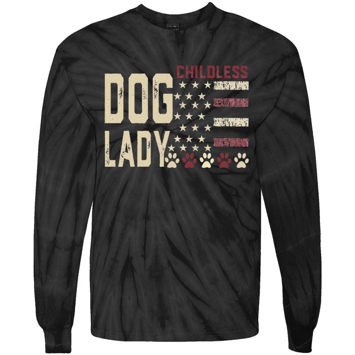 Childless Dog Lady Vote 2024 Us Flag Democratic President Gift Tie-Dye Long Sleeve Shirt