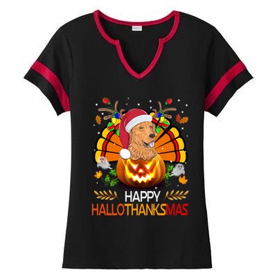 Cute Dog Lover Xmas Lights Turkey Santa Hat Hallothanksmas Gift Ladies Halftime Notch Neck Tee