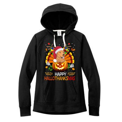 Cute Dog Lover Xmas Lights Turkey Santa Hat Hallothanksmas Gift Women's Fleece Hoodie