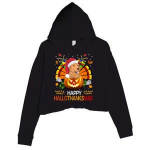 Cute Dog Lover Xmas Lights Turkey Santa Hat Hallothanksmas Gift Crop Fleece Hoodie