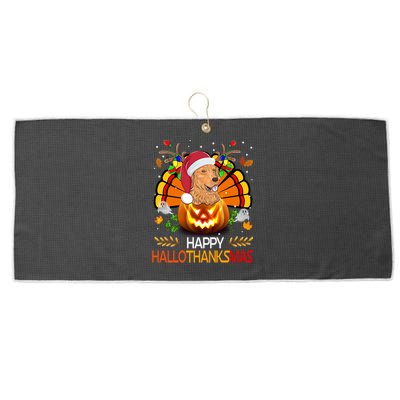 Cute Dog Lover Xmas Lights Turkey Santa Hat Hallothanksmas Gift Large Microfiber Waffle Golf Towel