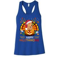 Cute Dog Lover Xmas Lights Turkey Santa Hat Hallothanksmas Gift Women's Racerback Tank