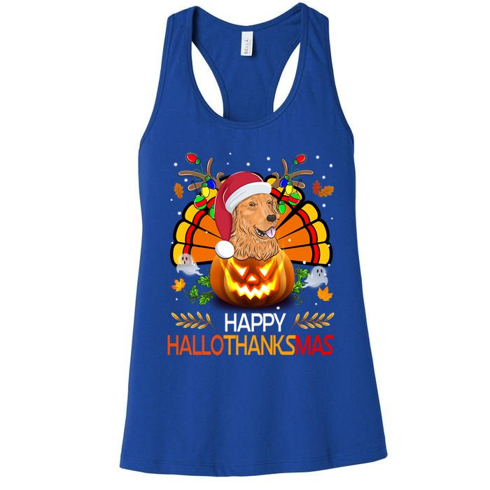 Cute Dog Lover Xmas Lights Turkey Santa Hat Hallothanksmas Gift Women's Racerback Tank