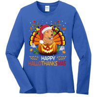 Cute Dog Lover Xmas Lights Turkey Santa Hat Hallothanksmas Gift Ladies Long Sleeve Shirt