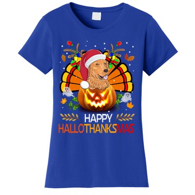 Cute Dog Lover Xmas Lights Turkey Santa Hat Hallothanksmas Gift Women's T-Shirt