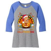 Cute Dog Lover Xmas Lights Turkey Santa Hat Hallothanksmas Gift Women's Tri-Blend 3/4-Sleeve Raglan Shirt