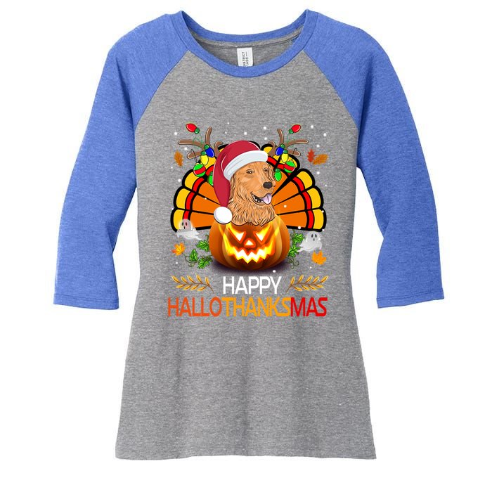 Cute Dog Lover Xmas Lights Turkey Santa Hat Hallothanksmas Gift Women's Tri-Blend 3/4-Sleeve Raglan Shirt