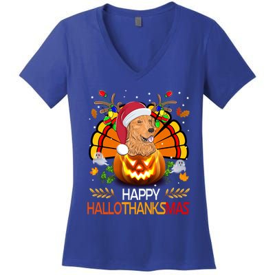 Cute Dog Lover Xmas Lights Turkey Santa Hat Hallothanksmas Gift Women's V-Neck T-Shirt