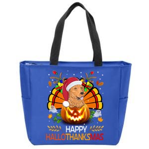 Cute Dog Lover Xmas Lights Turkey Santa Hat Hallothanksmas Gift Zip Tote Bag